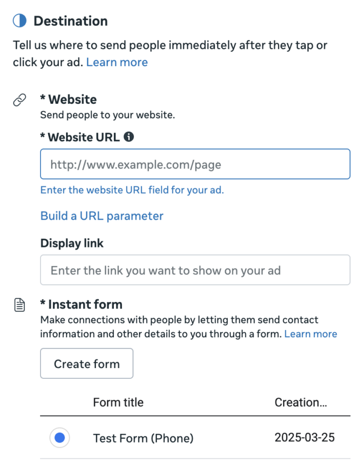 Website and Instant Forms Conversion Location